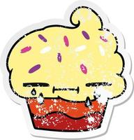 distressed sticker cartoon of a crying cupcake vector