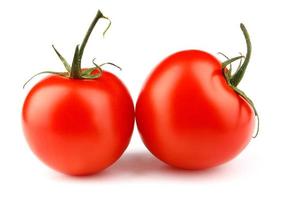 Two ripe juicy tomatoes are isolated on a white background. Full clipping path. photo