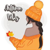 Autumn, brunette holding leaves, back, fashion, vector illustration, print