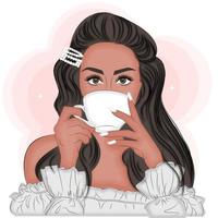 Young brunette and a cup of coffee, or tea, fashion vector illustration print