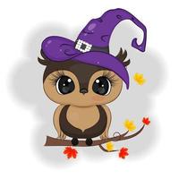 Halloween Owl in a hat on a branch vector illustration