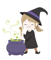 Cute Witch Making Magic Potions Isolated On A White Background. Vector Halloween Illustration.