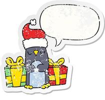 cute christmas penguin and speech bubble distressed sticker vector