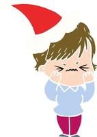 flat color illustration of a frustrated woman wearing santa hat vector