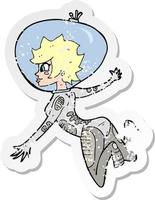 retro distressed sticker of a cartoon space woman vector