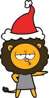 line drawing of a bored lion wearing santa hat vector