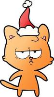 bored gradient cartoon of a cat wearing santa hat vector