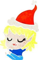 happy retro cartoon of a elf girl sitting wearing santa hat vector