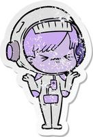 distressed sticker of a confused cartoon space girl vector