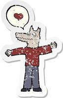 retro distressed sticker of a cartoon werewolf in love vector