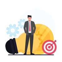 Businessman stand in front of bulb, coin and target. vector