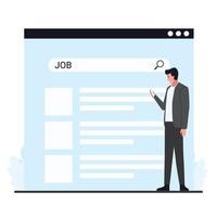 Men holding phone in front of search tab metaphor of job searching. vector