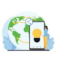 Women stand next to phone with bulb inside and globe behind metaphor of idea sharing. vector