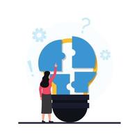 Women put piece of puzzle on the bulb metaphor of problem solving. vector