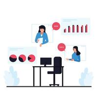 Business woman reports via video conference with manager metaphor of remote meeting. vector