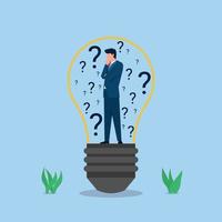 Businessman stands in the bulb with question marks around metaphor of confuse to find idea. vector