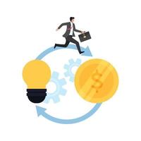 Businessman jump from bulb to coin.