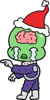 line drawing of a big brain alien crying and pointing wearing santa hat vector