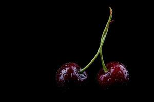 Two ripe cherry berries with drops of water on the peel are isolated on a black background. photo