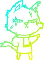 línea de gradiente frío dibujo duro gato de dibujos animados en bufanda de invierno vector
