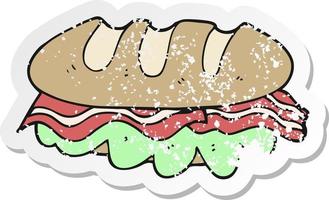 pegatina retro angustiada de un sándwich enorme de dibujos animados vector