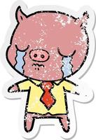 distressed sticker of a cartoon pig crying wearing shirt and tie vector