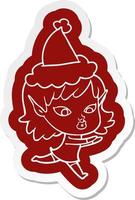 pretty cartoon  sticker of a elf girl wearing santa hat vector