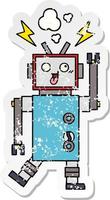 distressed sticker of a cute cartoon crazy broken robot vector