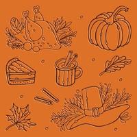 Thanksgiving outline doodle set vector illustration. Pumpkin, roast turkey, cup of cinnamon tea, pilgrim hat, pie, leaves isolated on orange background for design Thanksgiving Autumn greeting card