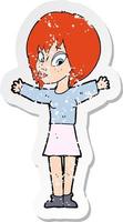 retro distressed sticker of a cartoon woman with open arms vector