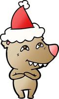 gradient cartoon of a bear showing teeth wearing santa hat vector