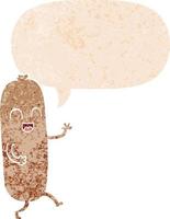 cartoon dancing sausage and speech bubble in retro textured style vector