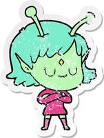 distressed sticker of a cartoon alien girl vector