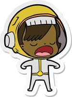 sticker of a cartoon astronaut woman explaining vector