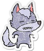 distressed sticker of a cartoon wolf showing teeth vector