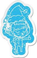 cartoon distressed sticker of a pretty astronaut girl giving thumbs up wearing santa hat vector