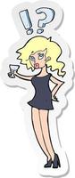 sticker of a cartoon confused woman with drink vector