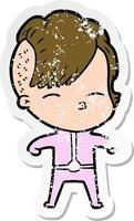 distressed sticker of a cartoon girl wearing futuristic clothes vector