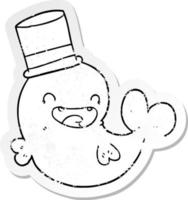 distressed sticker of a cartoon laughing whale with top hat vector