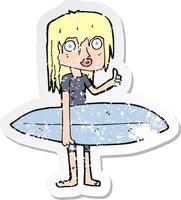 retro distressed sticker of a cartoon surfer girl vector