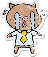 distressed sticker of a crying pig cartoon wearing human clothes vector