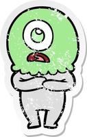 distressed sticker of a cartoon cyclops alien spaceman vector