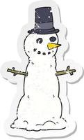 retro distressed sticker of a cartoon snowman in top hat vector