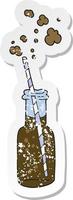 pegatina retro angustiada de una botella de bebida gaseosa de dibujos animados vector