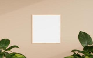 Clean and minimalist front view square wooden photo or poster frame mockup hanging on the wall with blurry plant. 3d rendering.