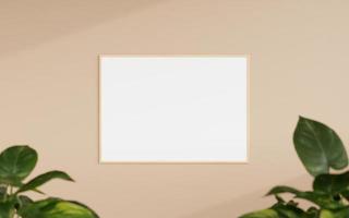 Clean and minimalist front view horizontal wooden photo or poster frame mockup hanging on the wall with blurry plant. 3d rendering.