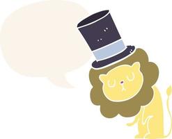 lindo león de dibujos animados con sombrero de copa y burbuja de habla en estilo retro vector