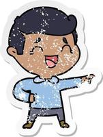 distressed sticker of a cartoon laughing man pointing vector