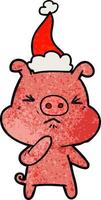 textured cartoon of a angry pig wearing santa hat vector