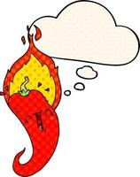cartoon flaming hot chili pepper and thought bubble in comic book style vector